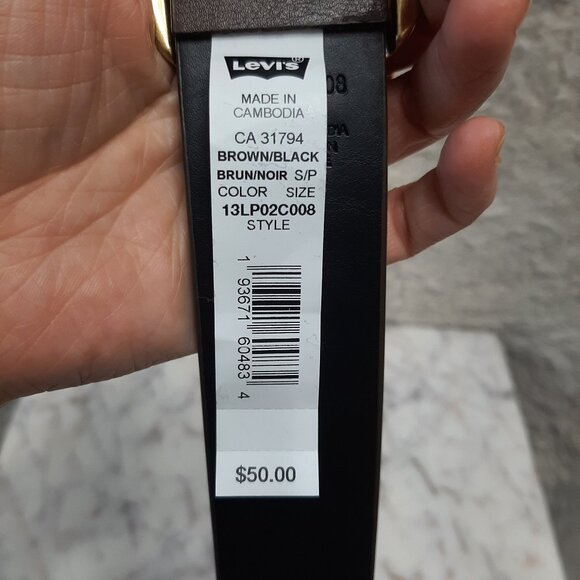 Levi's Unisex Brown/Black Faux Leather Belt w/ Gold Tone Buckle - Picture 2 of 5